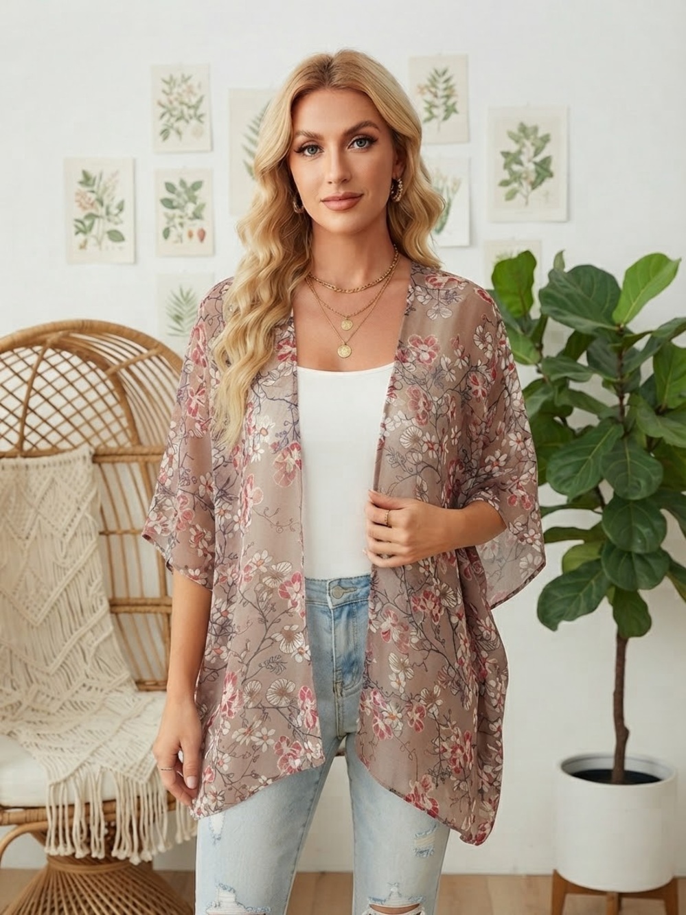 Raj Taupe Floral Sheer Kimono Jacket